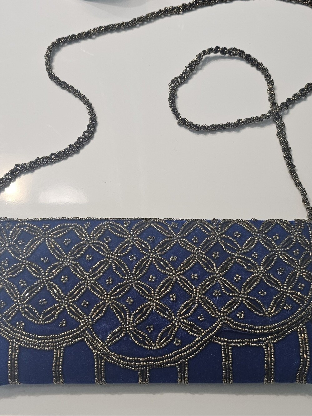 Royal Blue Velvet Beaded Clutch Bag | Gold Geometric Beadwork | Evening Formal